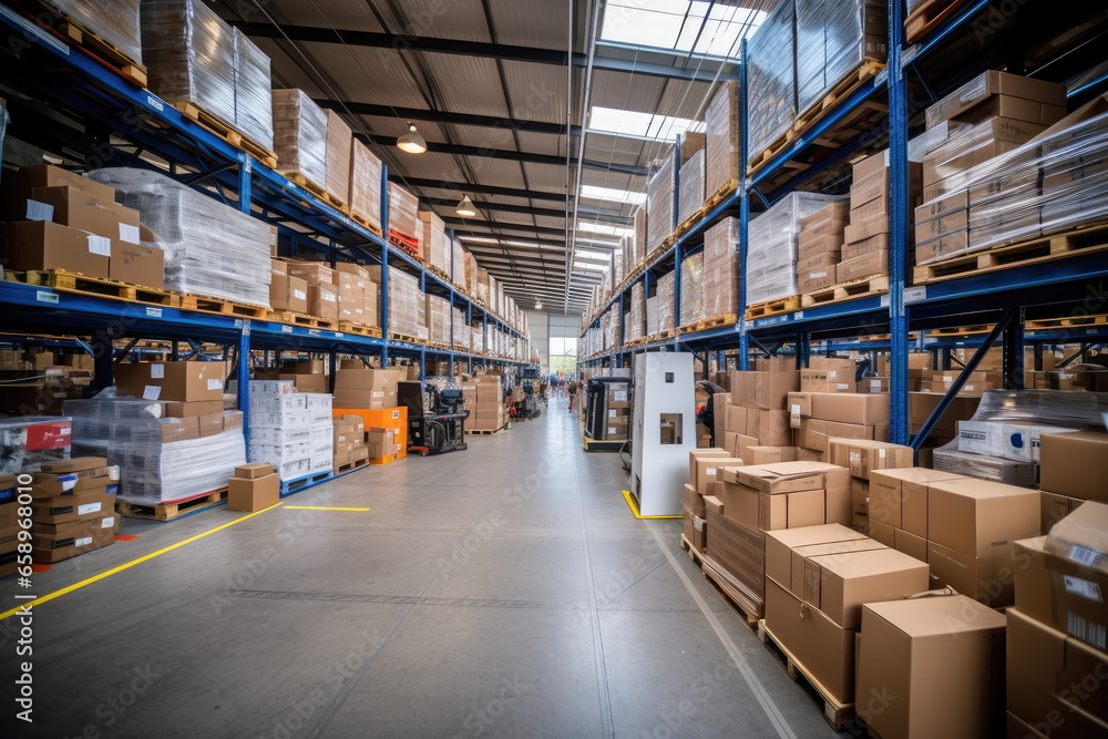 Warehouse with boxes. Large warehouse for parcels, boxes