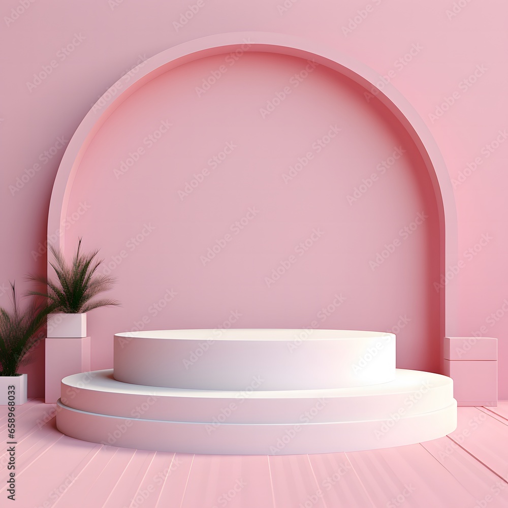 minimal scene with geometrical forms. Cylinder podiums in soft pink background with paper leaves on column. Scene to show cosmetic product, Showcase, shopfront, display case. minimal scene with geometrical forms. Cylinder podiums in soft pink background with paper leaves on column. Scene to show cosmetic product, Showcase, shopfront, display case.