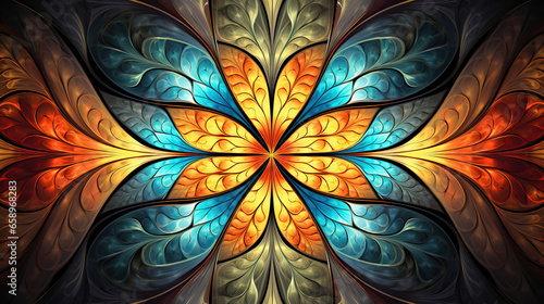 Multicolored symmetrical pattern in stained-glass window style. Computer-generated graphics.  © ZeeZaa