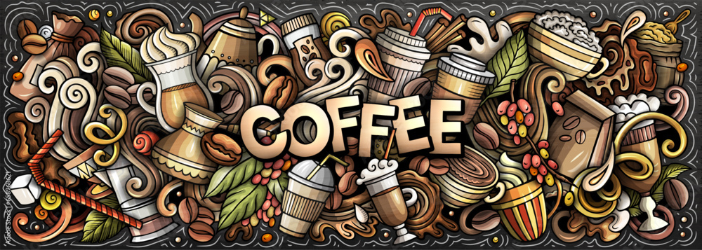 Coffee doodle cartoon funny banner