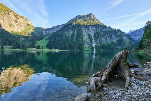 Vilsalpsee mit Bergspiegelung und Wurzel, Tannheim, Tirol, Österreich photo