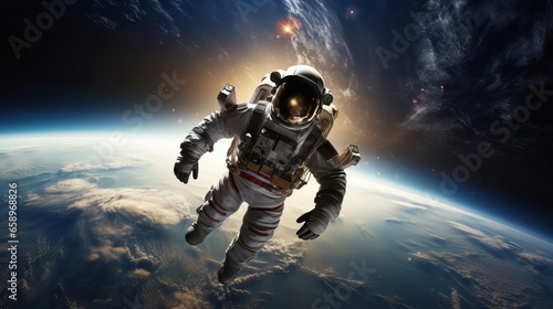 Astronaut on a rock surface with a space background. an astronaut standing on the lone planet with him looking forward.