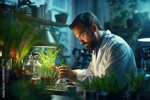 Male Microbiologist Adding Biological Nutritional Supplement, Vitamins and Minerals from a Pipette to Growing Green Plants. Medical Scientist Working in a Modern Food Science Laboratory.