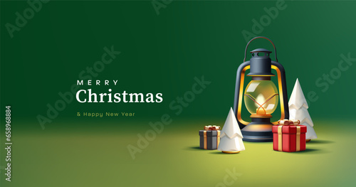 Christmas greeting card with 3d render composition of vintage kerosene lamp with Christmas tree and gift boxes photo