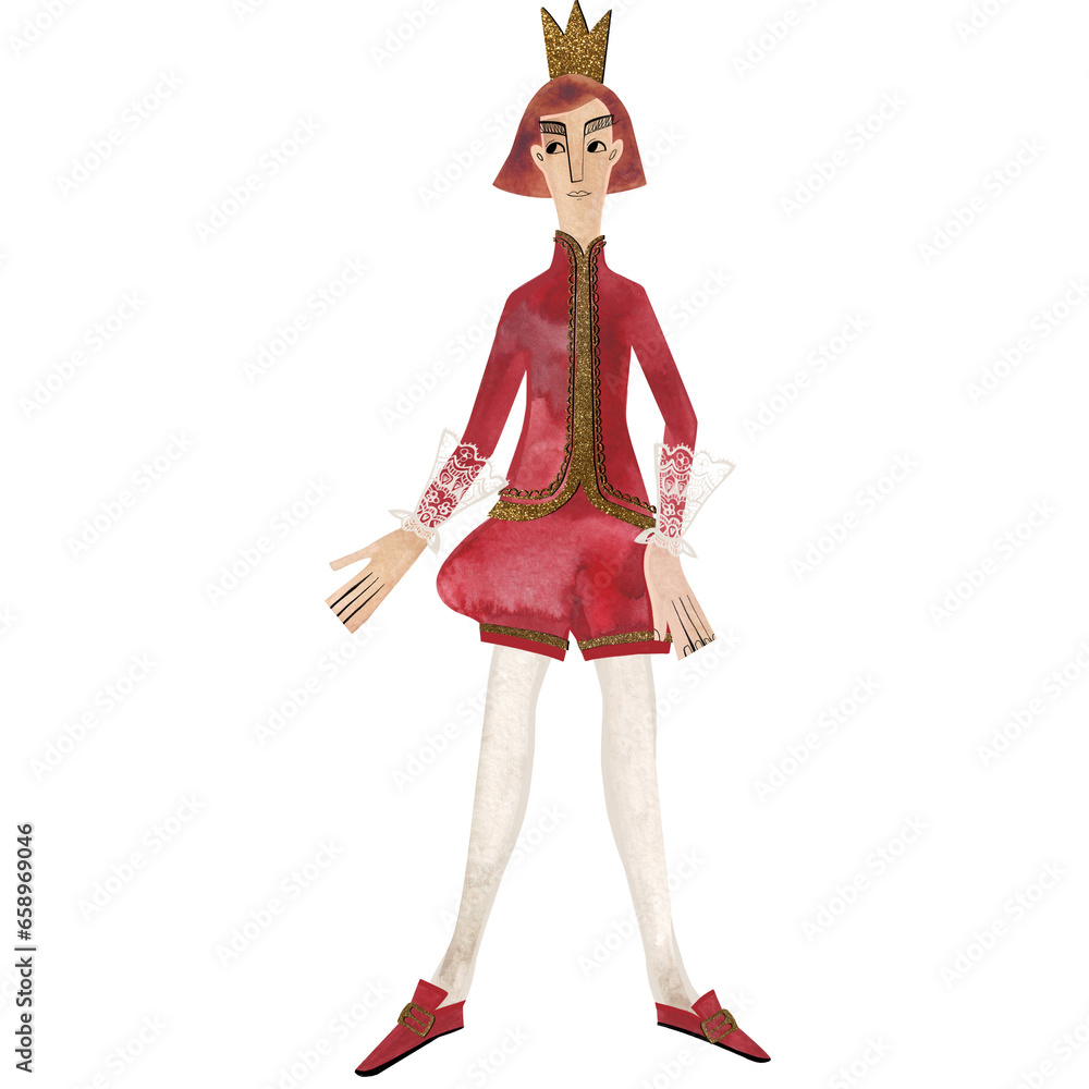 Watercolor prince in red costumes. Boy. Isolated illustration. Clipart. Raster illustration for packaging, greeting cards and wrapping paper, gifts, posters in the children's room