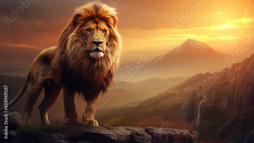 Majestic lion standing mountain top looking animal picture Ai generated art © Thakurdas