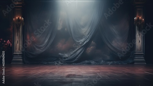 A stage with a curtain and a vase of flowers