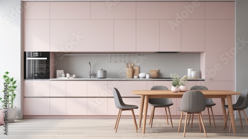 A pink kitchen with a wooden table and chairs © Maria Starus