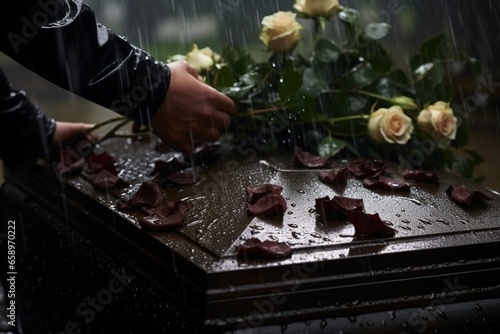 closeup of a funeral casket at a cemetery with flowers in the rain,hand on the grave in the rain with dark background and rose