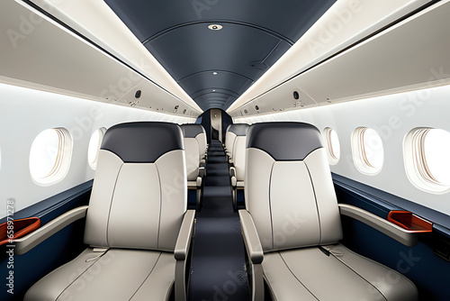 Interior of a modern business turboprop aircraft, light leather seats with lowered armrests. 3d illustration © Nyetock