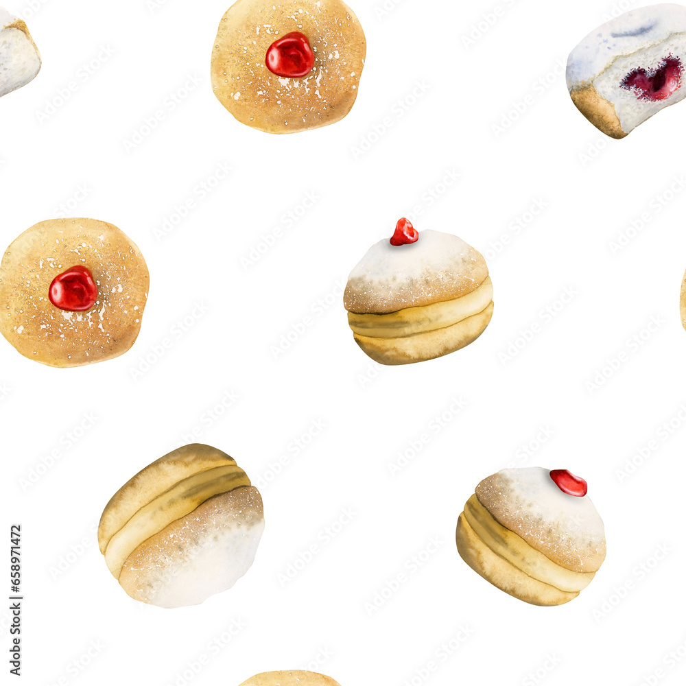 Hanukkah donuts watercolor seamless pattern of Jewish traditional holiday dessert on white background. Hand drawn sufganiyot Hanukkah donuts watercolor seamless pattern of Jewish traditional holiday dessert on white background. Hand drawn sufganiyot