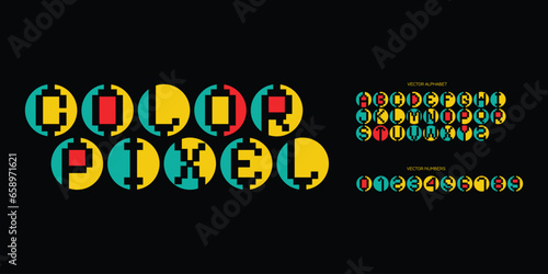 Colorful letters and numbers set. Colored vector latin alphabet. Digital color font. Typography design. Negative space monogram and poster template.