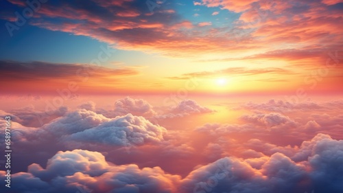 Beautiful sunset sky above clouds with breathtaking light. Generative AI image