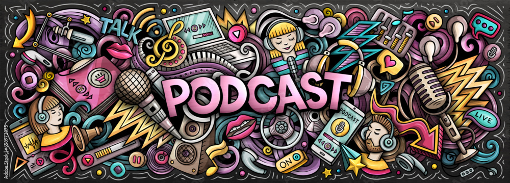 Podcast doodle cartoon funny banner