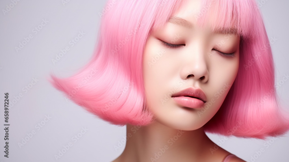 Portrait of young Asian woman eyes closed with pink hair and makeup on neutral background. Hair salon beauty shop banner template. Cosmetics fashion concept