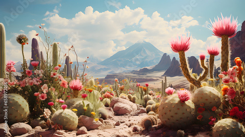 A blooming desert with flowers and cacti photo