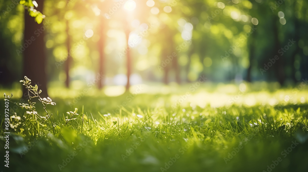 Defocused green trees in forest with grass