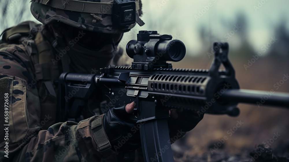Soldier holding a gun on the battlefield Soldier holding a gun on the battlefield