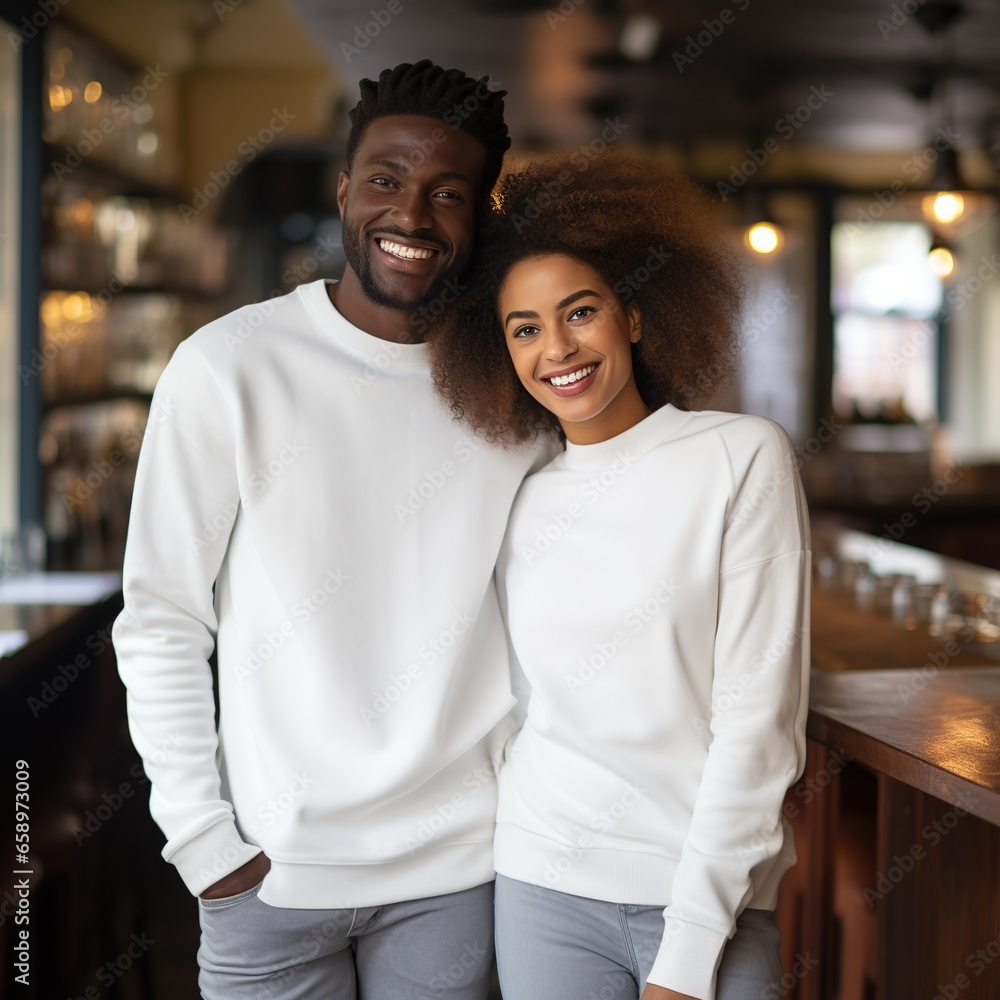 Fototapeta premium Illustration of a couple fashion portrait with plain sweater mockup, AI. generative