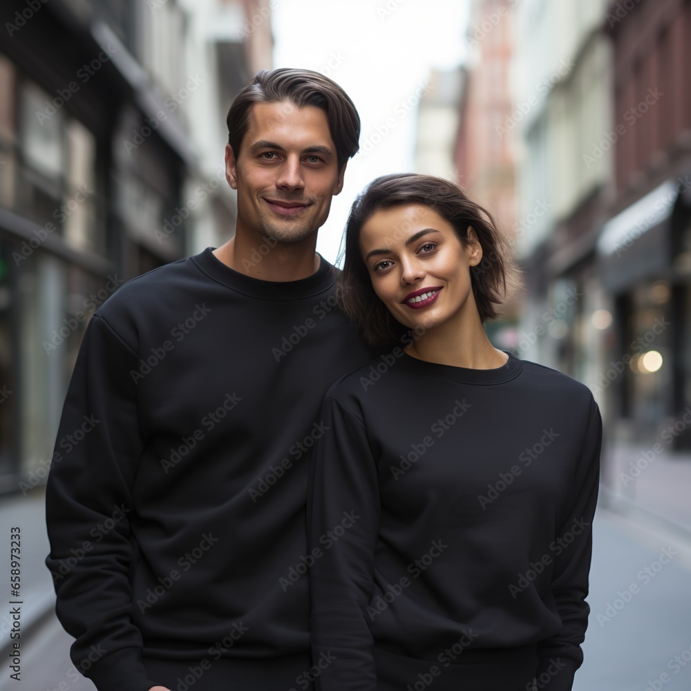 Fototapeta premium Illustration of a couple fashion portrait with plain sweater mockup, AI. generative