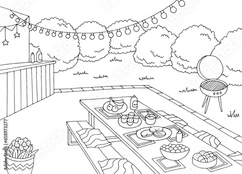 Garden party black white landscape sketch illustration vector