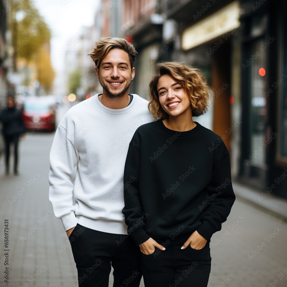 Illustration of a couple fashion portrait with plain sweater mockup, AI. generative Illustration of a couple fashion portrait with plain sweater mockup, AI. generative