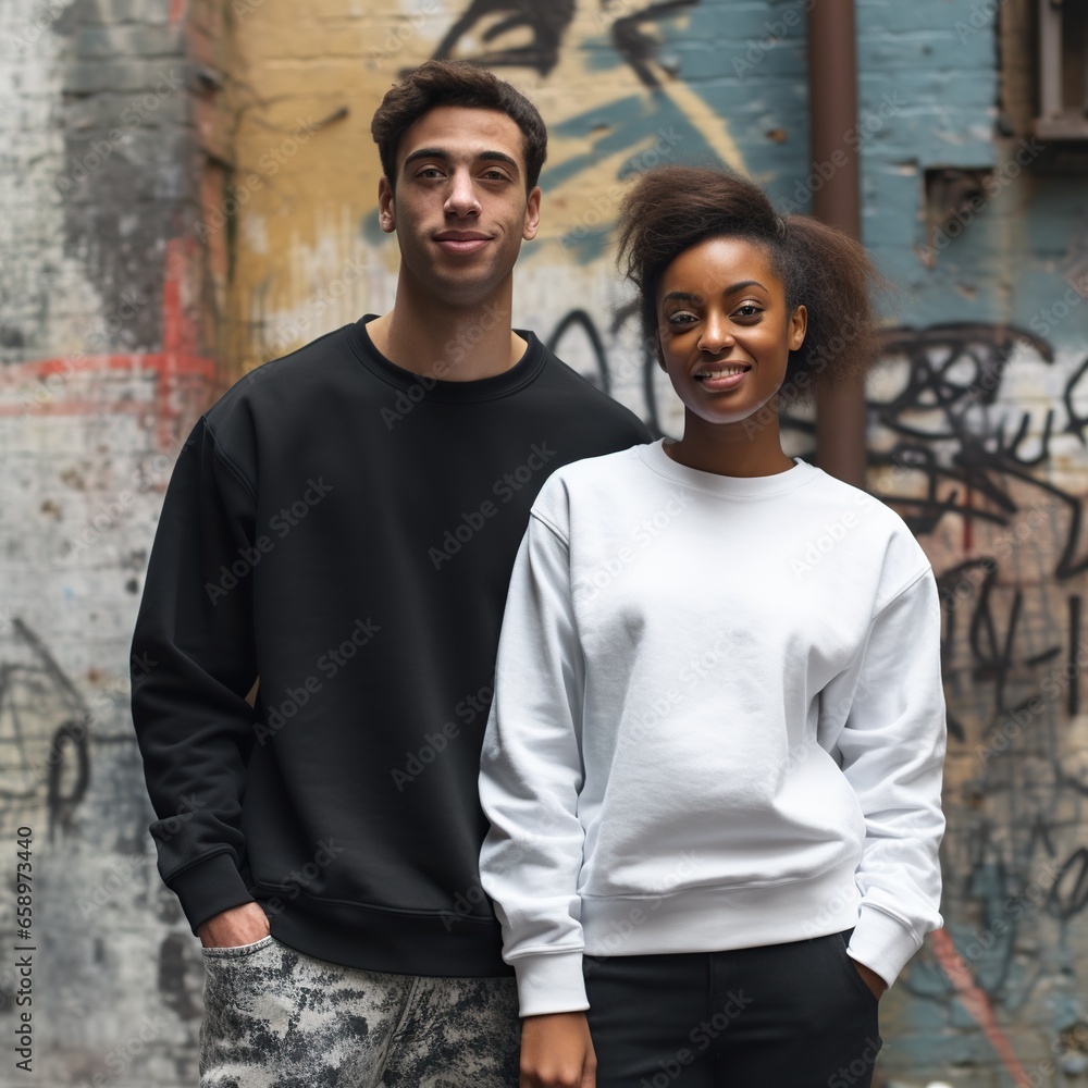 Illustration of a couple fashion portrait with plain sweater mockup, AI. generative Illustration of a couple fashion portrait with plain sweater mockup, AI. generative