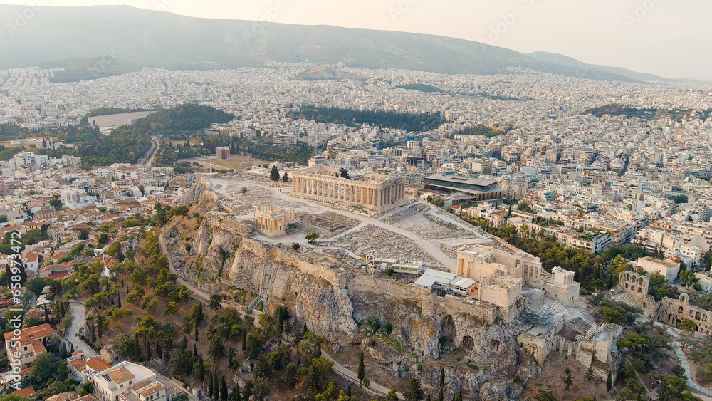 Athens, Greece. Acropolis of Athens in the light of the morning sun. Summer, Aerial View