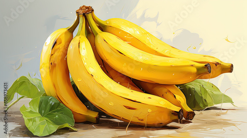 Fresh and Wet Yellow Bananas in Acrylic Paint Style Brushstroke Drawing photo