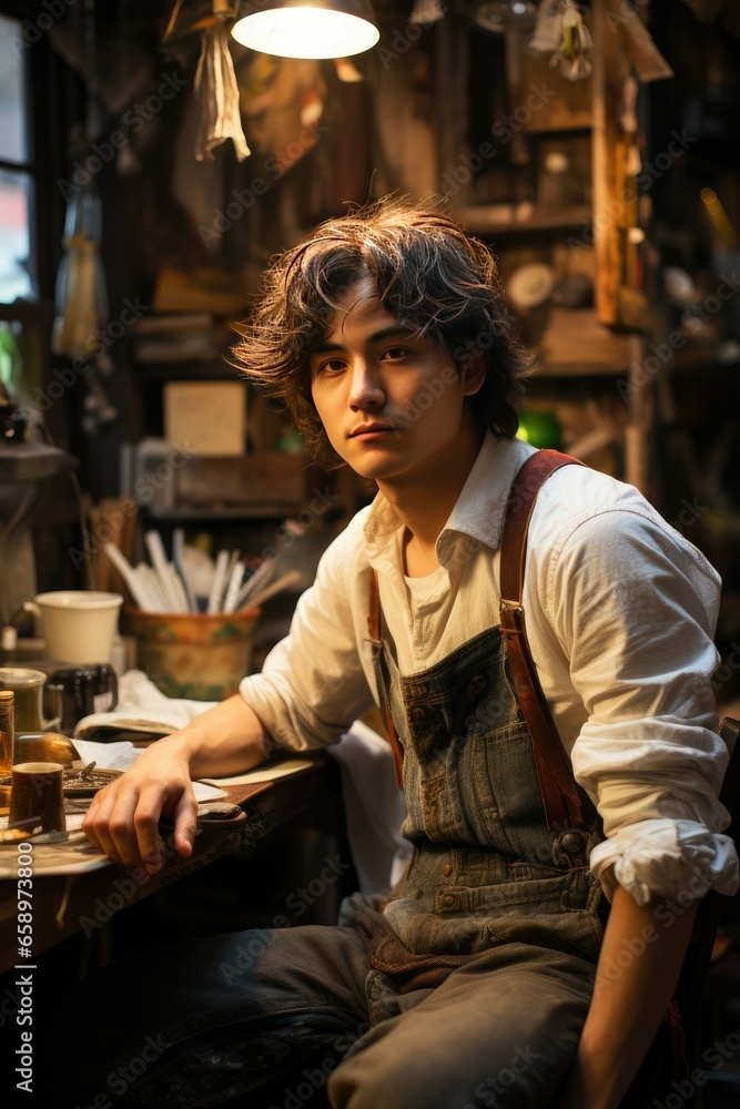 Portrait of a young man in a workshop.
