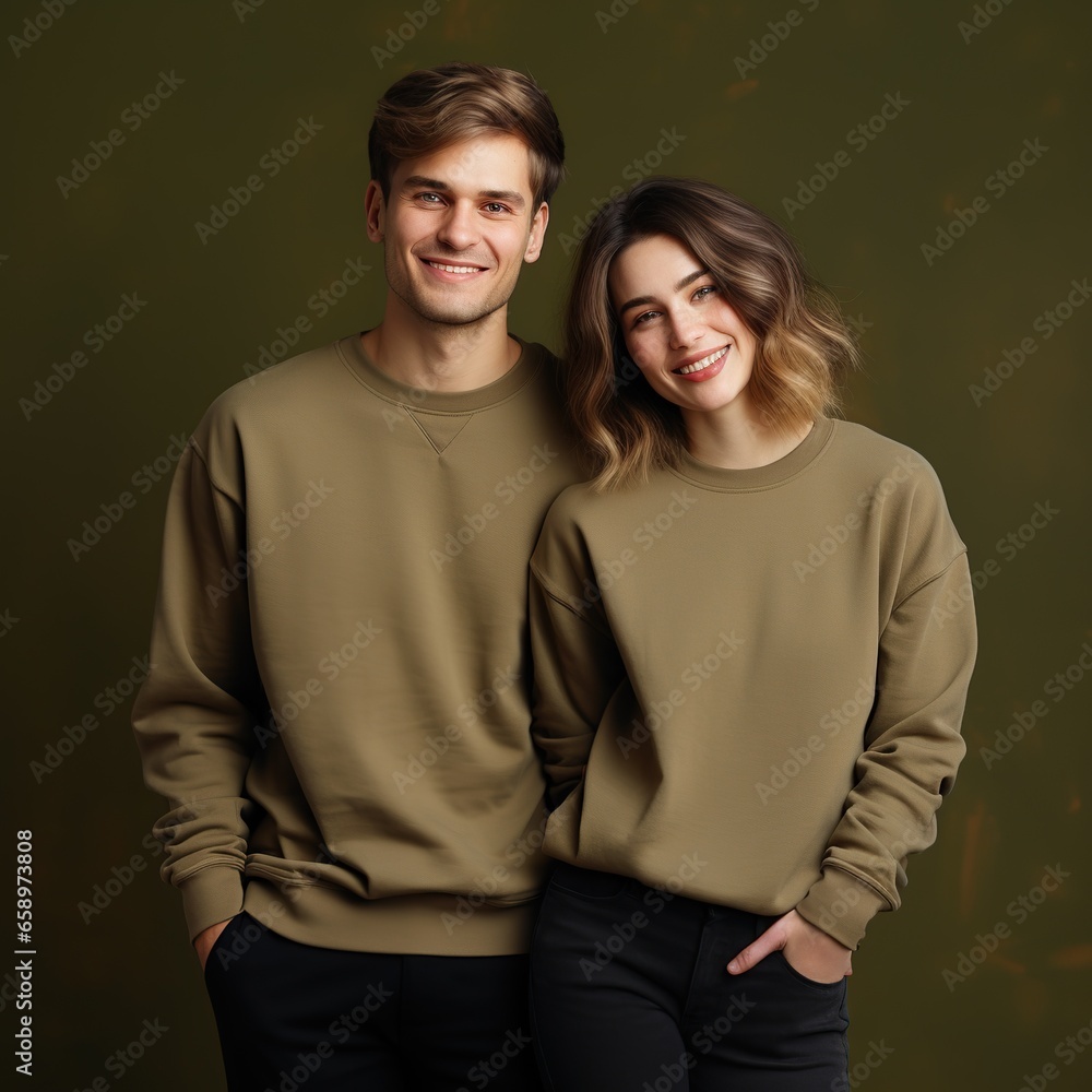Illustration of a couple fashion portrait with plain sweater mockup, AI. generative Illustration of a couple fashion portrait with plain sweater mockup, AI. generative