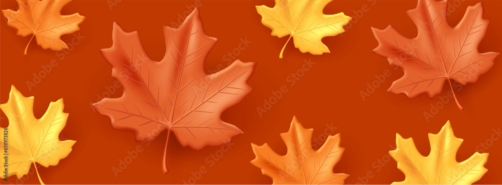 Autumn background with fall maple leaves in brown and yellow with orange colors, 3d volume graphic element Autumn background with fall maple leaves in brown and yellow with orange colors, 3d volume graphic element