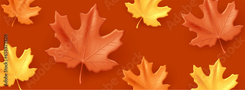 Autumn background with fall maple leaves in brown and yellow with orange colors  3d volume graphic element