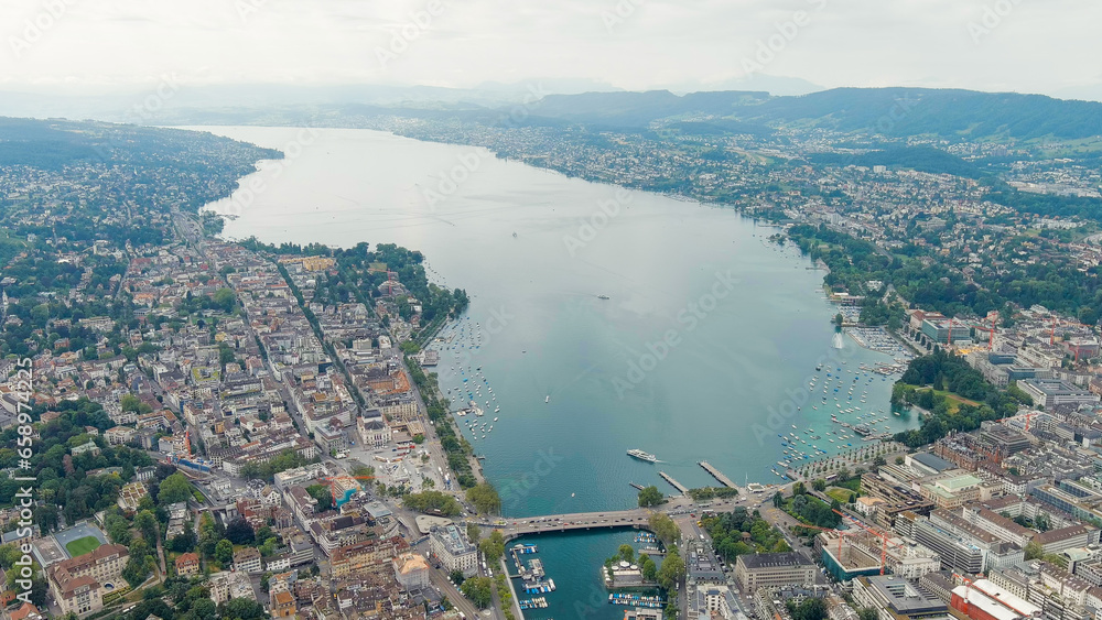 Zurich, Switzerland. Panorama of the city overlooking Lake Zurich. Summer day, Aerial View