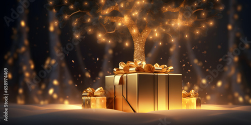 Gift box with golden tree on winter background. 3D rendering. ia generated © ImagineStock
