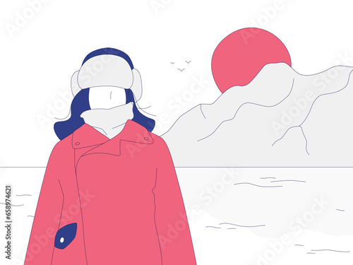 Figure of the young girl against the cold sea. women wearing cold weather clothes in winter. Persons in scarfs, hats,  warm coats, fashion styles on winter day. Woman stand in winter nature alone.