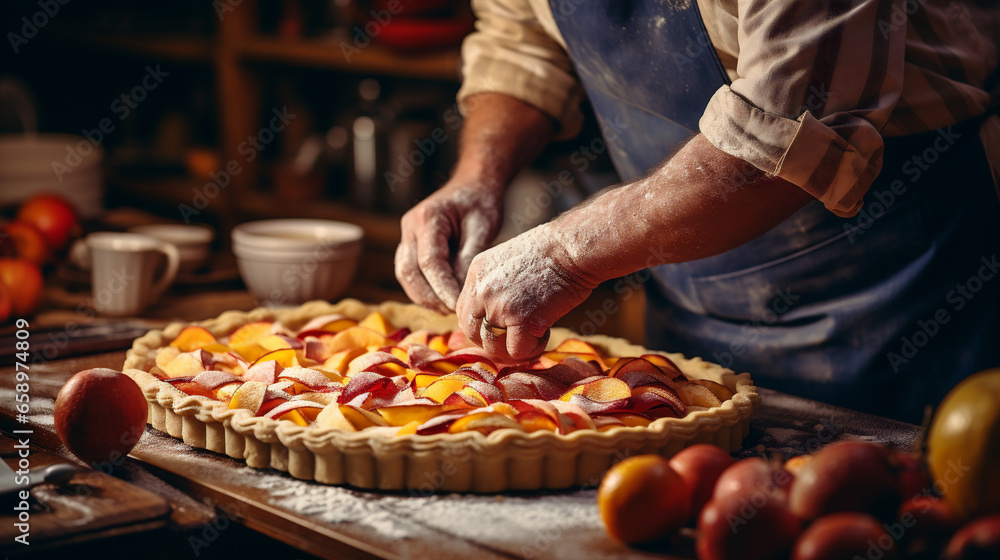 Closeup of a man's hands kneading a pie in the kitchen