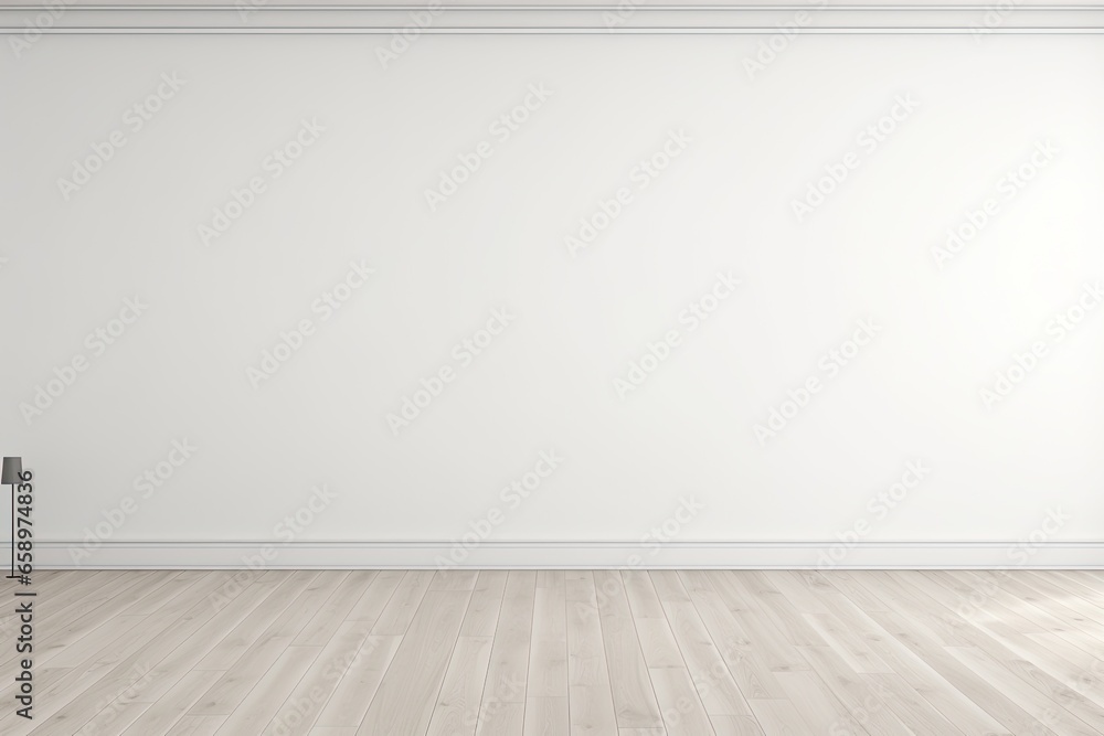 Minimalist Empty Wall Mockup with Wood Floor - White Wall with Light and Shadow, 3D Rendering.
