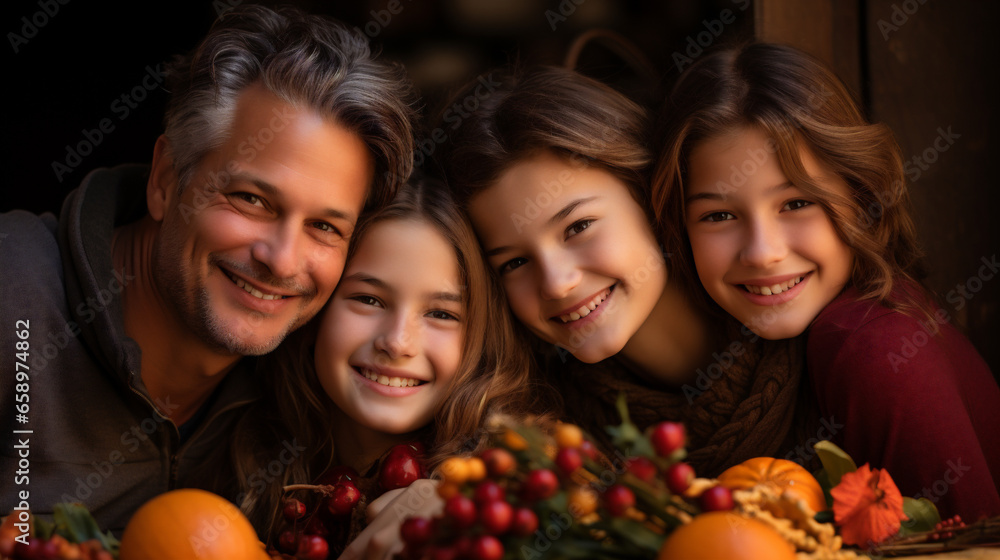 Portrait of happy family with pumpkins and berries