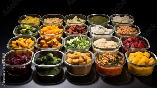Healthy eating concept with different meals in bowls on a black background