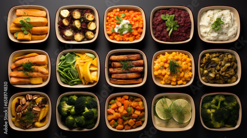 Healthy eating concept with different meals in bowls on a black background