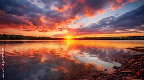 Minnesota Lake Sunset. Breathtaking Sky and Water Colors Reflecting the Setting Sun © Web
