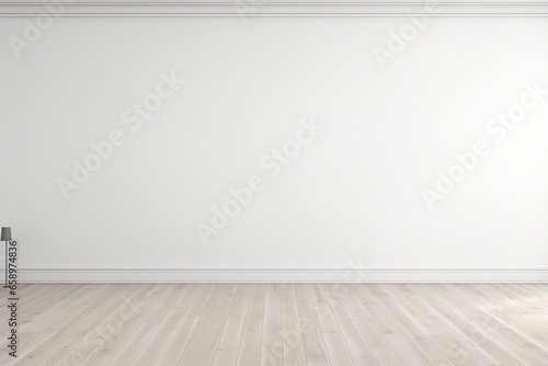 Minimalist Empty Wall Mockup with Wood Floor - White Wall with Light and Shadow, 3D Rendering. © Web