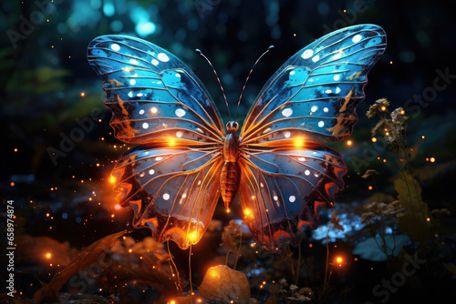 Beautiful glowing magical multi-colored butterfly on beautiful flowers. Fantasy. Animal Protection Day concept. © syhin_stas