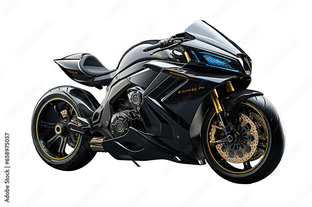 Black sport motorcycle on isolated PNG Background. Generative Ai.