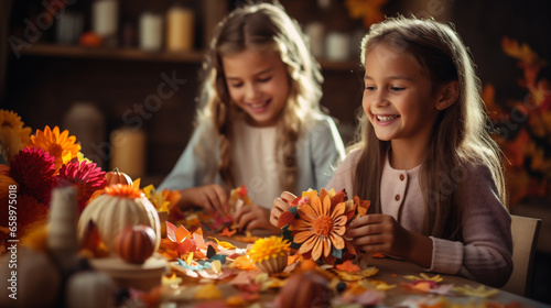 Cute little girls are sitting at the table with autumn decoration and smiling