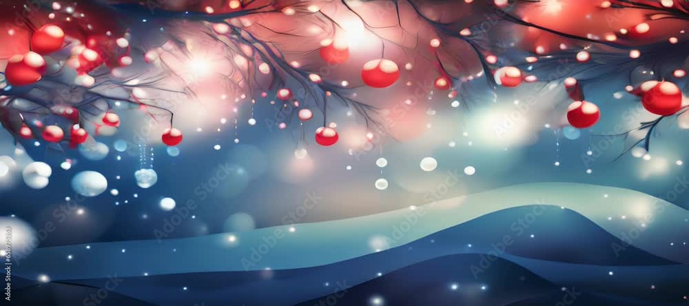 Red and white Christmas balls hang on a tree branch on a blue background. Abstract bokeh backdrop. New year and Christmas background footage. Generative AI Red and white Christmas balls hang on a tree branch on a blue background. Abstract bokeh backdrop. New year and Christmas background footage. Generative AI