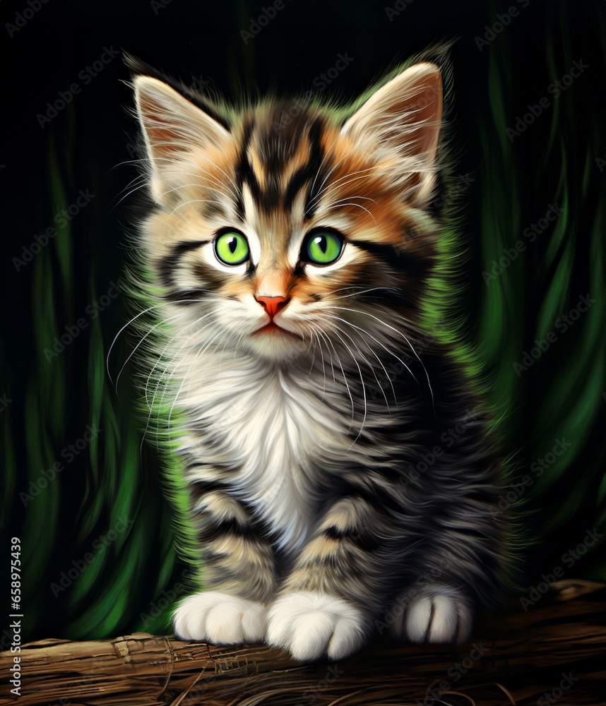 Siberian kitten with green eyes on a black background, illustration