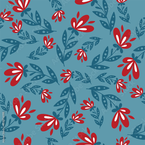 Elegant seamless pattern with hand drawn flowers on blue background. 