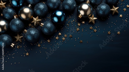 Christmas decorative stars and shiny balls on classic blue background. Xmas banner. Holiday greeting card. Flat lay. Top view.